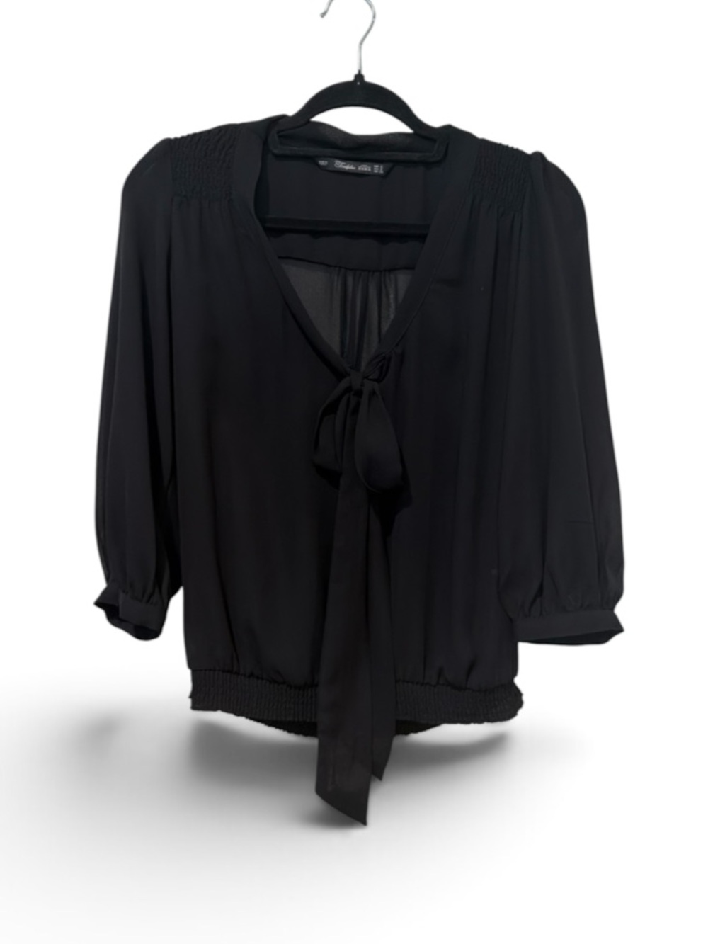 Zara Black Tie-Neck Smocked Blouse
